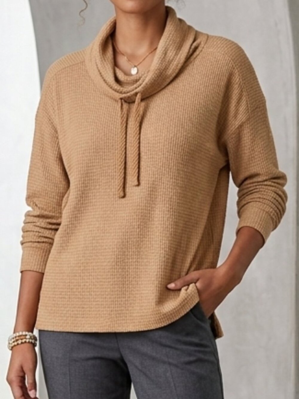 Cozy Waffle Knit Cowl Neck Pullover Camel Tan Cabincore